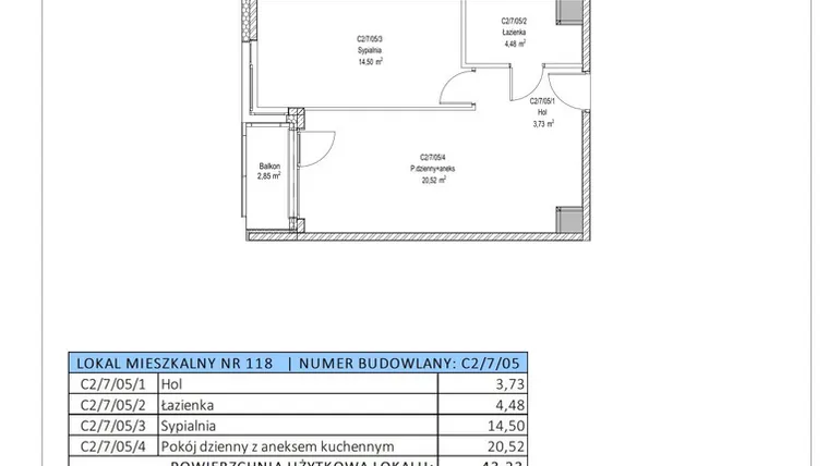 Rzut - Mieszkanie na sprzedaż 2 pokoje o powierzchni 43,23 m² - numer C2/7/05 w Chylońska STO10 etap III