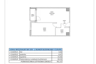 Rzut - Mieszkanie na sprzedaż 2 pokoje o powierzchni 43,12 m² - numer C2/6/05 w Chylońska STO10 etap III