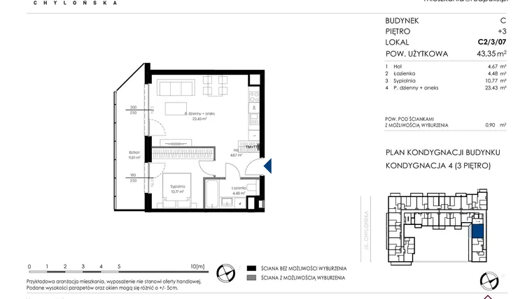 Rzut - Mieszkanie na sprzedaż 2 pokoje o powierzchni 43,35 m² - numer C2/3/07 w Chylońska STO10 etap III