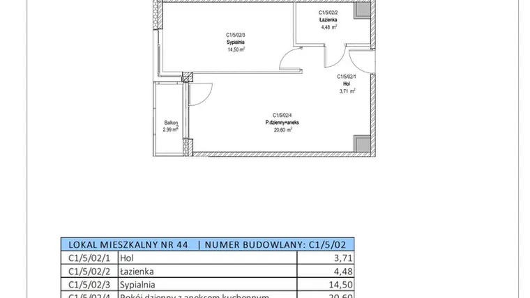 Rzut - Mieszkanie na sprzedaż 2 pokoje o powierzchni 43,29 m² - numer C1/5/02 w Chylońska STO10 etap III