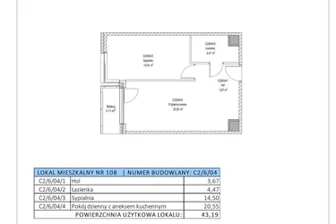 Rzut - Mieszkanie na sprzedaż 2 pokoje o powierzchni 43,19 m² - numer C2/6/04 w Chylońska STO10 etap III