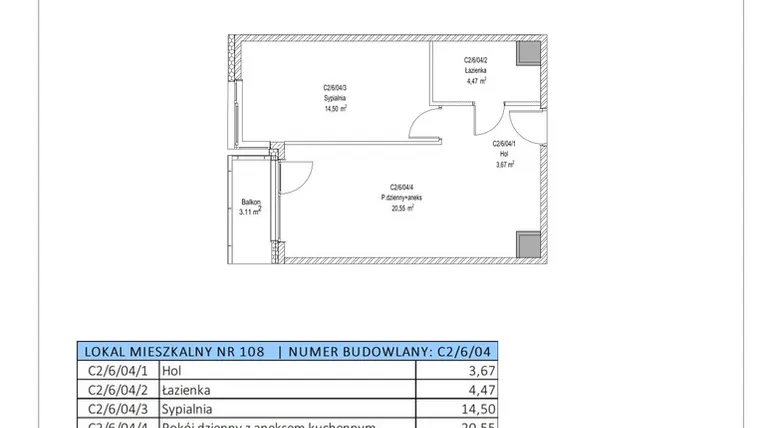 Rzut - Mieszkanie na sprzedaż 2 pokoje o powierzchni 43,19 m² - numer C2/6/04 w Chylońska STO10 etap III