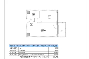Rzut - Mieszkanie na sprzedaż 2 pokoje o powierzchni 39,78 m² - numer C2/5/03 w Chylońska STO10 etap III
