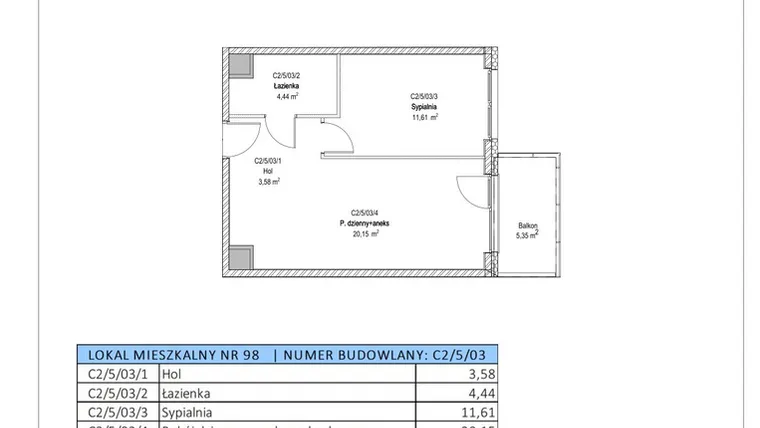 Rzut - Mieszkanie na sprzedaż 2 pokoje o powierzchni 39,78 m² - numer C2/5/03 w Chylońska STO10 etap III