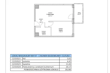 Rzut - Mieszkanie na sprzedaż 2 pokoje o powierzchni 39,9 m² - numer C2/5/02 w Chylońska STO10 etap III