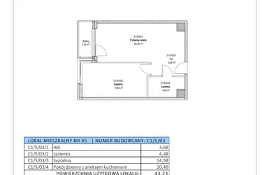 Rzut - Mieszkanie na sprzedaż 2 pokoje o powierzchni 43,23 m² - numer C1/5/03 w Chylońska STO10 etap III