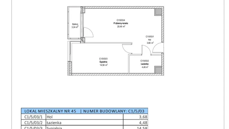Rzut - Mieszkanie na sprzedaż 2 pokoje o powierzchni 43,23 m² - numer C1/5/03 w Chylońska STO10 etap III
