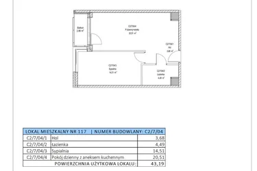 Rzut - Mieszkanie na sprzedaż 2 pokoje o powierzchni 43,19 m² - numer C2/7/04 w Chylońska STO10 etap III