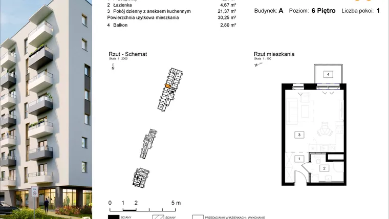 Rzut - Mieszkanie na sprzedaż 1 pokój o powierzchni 30,38 m² - numer A.90 w Osiedle Kochanowskiego - Gliwice