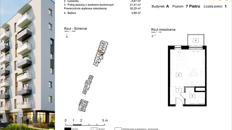 Rzut - Mieszkanie na sprzedaż 1 pokój o powierzchni 30,44 m² - numer A.106 w Osiedle Kochanowskiego - Gliwice