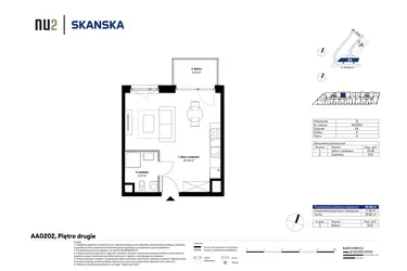 Rzut - Mieszkanie na sprzedaż 1 pokój o powierzchni 29,36 m² - numer AA0202 w NU2 Warszawa Wola - apartamenty wykończone pod klucz