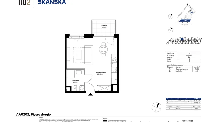Rzut - Mieszkanie na sprzedaż 1 pokój o powierzchni 29,36 m² - numer AA0202 w NU2 Warszawa Wola - apartamenty wykończone pod klucz