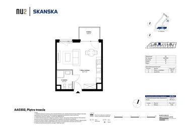 Rzut - Mieszkanie na sprzedaż 1 pokój o powierzchni 29,75 m² - numer AA0302 w NU2 Warszawa Wola - apartamenty wykończone pod klucz