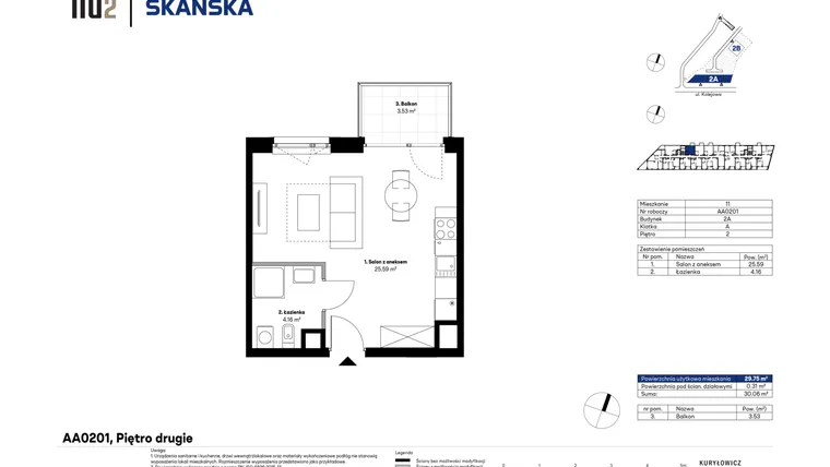 Rzut - Mieszkanie na sprzedaż 1 pokój o powierzchni 29,7 m² - numer AA0201 w NU2 Warszawa Wola - apartamenty wykończone pod klucz