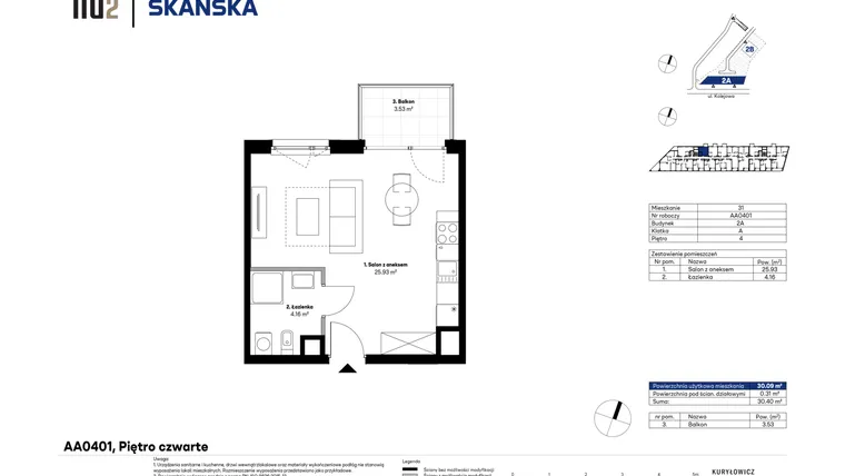 Rzut - Mieszkanie na sprzedaż 1 pokój o powierzchni 30,02 m² - numer AA0401 w NU2 Warszawa Wola - apartamenty wykończone pod klucz
