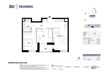 Rzut - Mieszkanie na sprzedaż 3 pokoje o powierzchni 54,48 m² - numer AA0105 w NU2 Warszawa Wola - apartamenty wykończone pod klucz