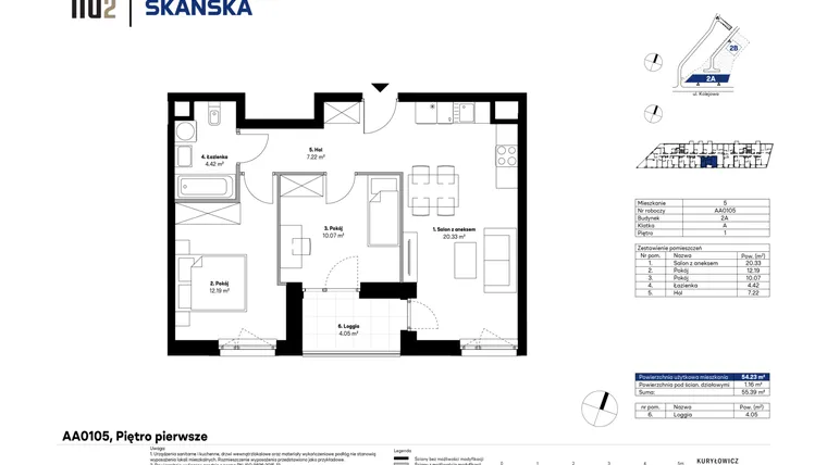 Rzut - Mieszkanie na sprzedaż 3 pokoje o powierzchni 54,48 m² - numer AA0105 w NU2 Warszawa Wola - apartamenty wykończone pod klucz