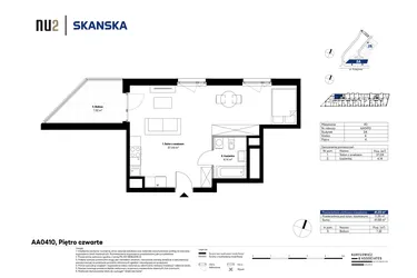 Rzut - Mieszkanie na sprzedaż 1 pokój o powierzchni 41,27 m² - numer AA0410 w NU2 Warszawa Wola - apartamenty wykończone pod klucz