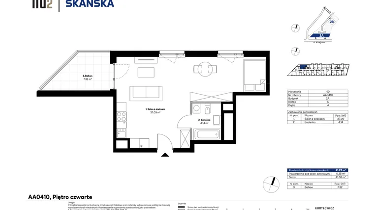 Rzut - Mieszkanie na sprzedaż 1 pokój o powierzchni 41,27 m² - numer AA0410 w NU2 Warszawa Wola - apartamenty wykończone pod klucz