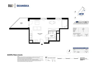 Rzut - Mieszkanie na sprzedaż 1 pokój o powierzchni 41,2 m² - numer AA0310 w NU2 Warszawa Wola - apartamenty wykończone pod klucz