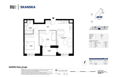 Rzut - Mieszkanie na sprzedaż 3 pokoje o powierzchni 54,43 m² - numer AA0205 w NU2 Warszawa Wola - apartamenty wykończone pod klucz