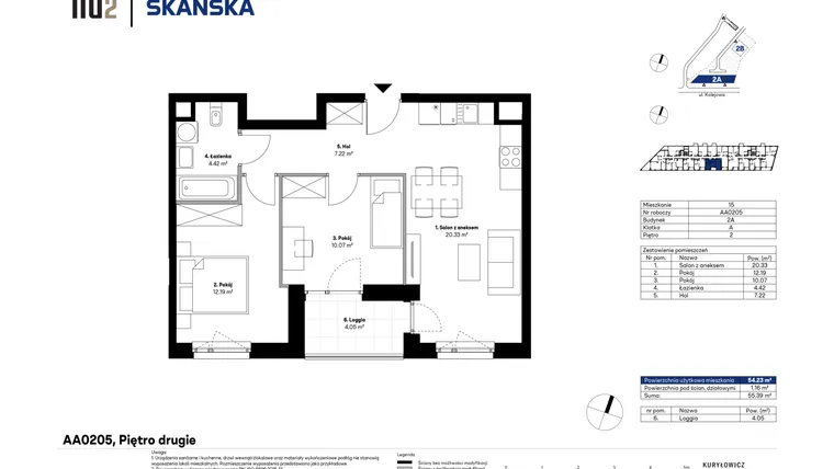 Rzut - Mieszkanie na sprzedaż 3 pokoje o powierzchni 54,43 m² - numer AA0205 w NU2 Warszawa Wola - apartamenty wykończone pod klucz