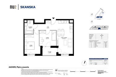 Rzut - Mieszkanie na sprzedaż 3 pokoje o powierzchni 55,1 m² - numer AA0405 w NU2 Warszawa Wola - apartamenty wykończone pod klucz