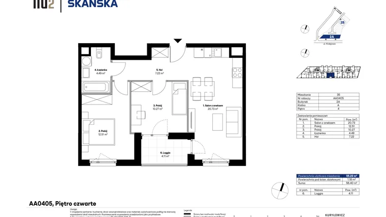 Rzut - Mieszkanie na sprzedaż 3 pokoje o powierzchni 55,1 m² - numer AA0405 w NU2 Warszawa Wola - apartamenty wykończone pod klucz
