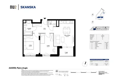 Rzut - Mieszkanie na sprzedaż 3 pokoje o powierzchni 57,59 m² - numer AA0208 w NU2 Warszawa Wola - apartamenty wykończone pod klucz