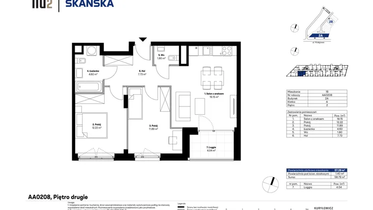 Rzut - Mieszkanie na sprzedaż 3 pokoje o powierzchni 57,59 m² - numer AA0208 w NU2 Warszawa Wola - apartamenty wykończone pod klucz