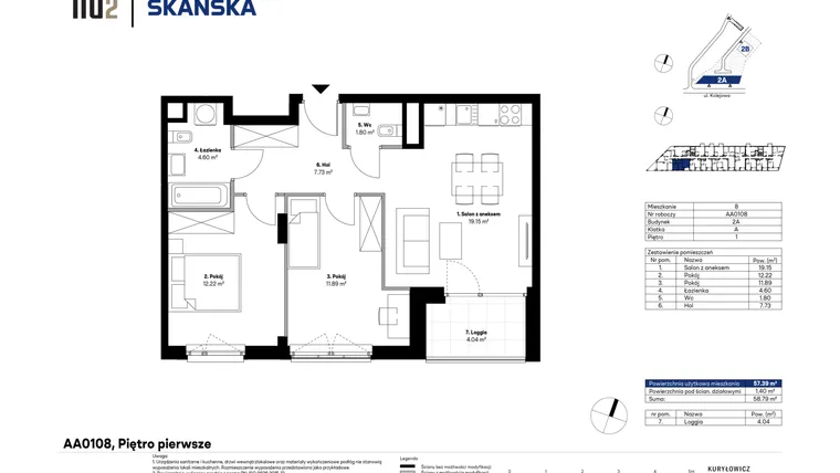 Rzut - Mieszkanie na sprzedaż 3 pokoje o powierzchni 57,69 m² - numer AA0108 w NU2 Warszawa Wola - apartamenty wykończone pod klucz