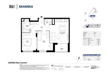 Rzut - Mieszkanie na sprzedaż 3 pokoje o powierzchni 57,86 m² - numer AA0408 w NU2 Warszawa Wola - apartamenty wykończone pod klucz
