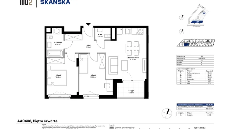 Rzut - Mieszkanie na sprzedaż 3 pokoje o powierzchni 57,86 m² - numer AA0408 w NU2 Warszawa Wola - apartamenty wykończone pod klucz