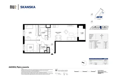 Rzut - Mieszkanie na sprzedaż 3 pokoje o powierzchni 64,88 m² - numer AA0404 w NU2 Warszawa Wola - apartamenty wykończone pod klucz