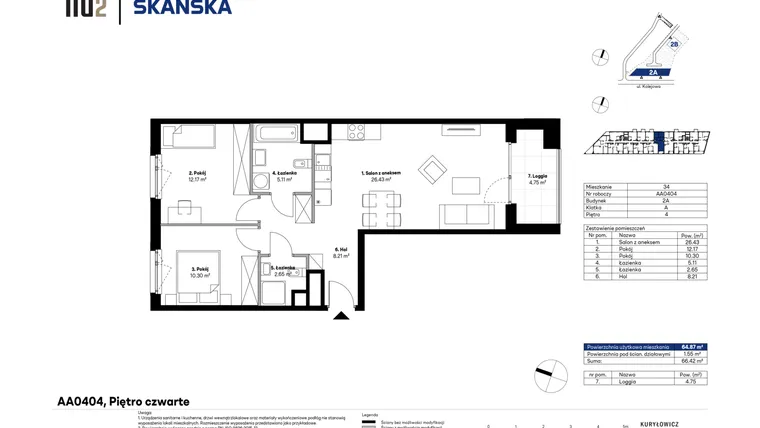 Rzut - Mieszkanie na sprzedaż 3 pokoje o powierzchni 64,88 m² - numer AA0404 w NU2 Warszawa Wola - apartamenty wykończone pod klucz