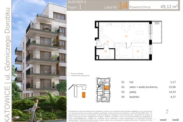 Rzut - Mieszkanie na sprzedaż 2 pokoje o powierzchni 49,12 m² - numer A_14 w Zielony Nikiszowiec
