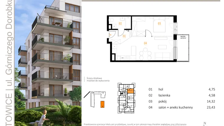 Rzut - Mieszkanie na sprzedaż 2 pokoje o powierzchni 47,08 m² - numer A_13 w Zielony Nikiszowiec
