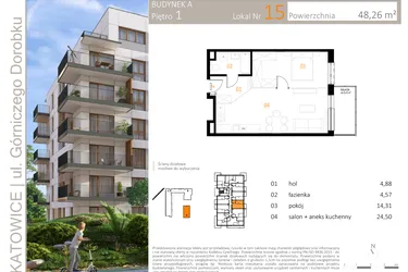 Rzut - Mieszkanie na sprzedaż 2 pokoje o powierzchni 48,26 m² - numer A_15 w Zielony Nikiszowiec