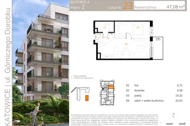 Rzut - Mieszkanie na sprzedaż 2 pokoje o powierzchni 47,08 m² - numer A_23 w Zielony Nikiszowiec