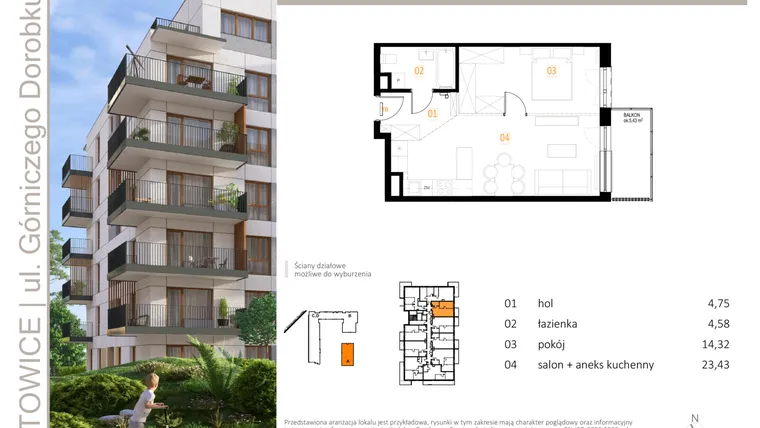 Rzut - Mieszkanie na sprzedaż 2 pokoje o powierzchni 47,08 m² - numer A_23 w Zielony Nikiszowiec