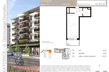 Rzut - Mieszkanie na sprzedaż 1 pokój o powierzchni 31,97 m² - numer B_9 w Zielony Nikiszowiec