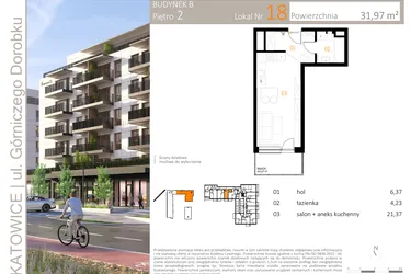 Rzut - Mieszkanie na sprzedaż 1 pokój o powierzchni 31,97 m² - numer B_18 w Zielony Nikiszowiec
