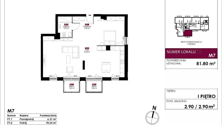 Rzut - Mieszkanie na sprzedaż 4 pokoje o powierzchni 81,8 m² - numer M7 w Słowackiego 78
