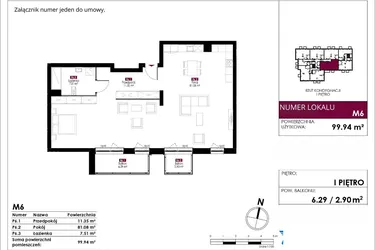 Rzut - Mieszkanie na sprzedaż 5 pokoi o powierzchni 99,94 m² - numer M6 w Słowackiego 78