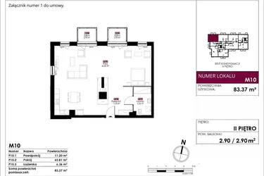 Rzut - Mieszkanie na sprzedaż 4 pokoje o powierzchni 83,37 m² - numer M10 w Słowackiego 78