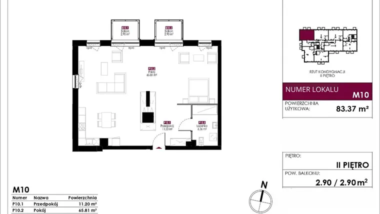 Rzut - Mieszkanie na sprzedaż 4 pokoje o powierzchni 83,37 m² - numer M10 w Słowackiego 78