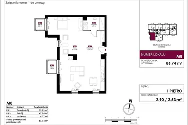 Rzut - Mieszkanie na sprzedaż 4 pokoje o powierzchni 86,74 m² - numer M8 w Słowackiego 78
