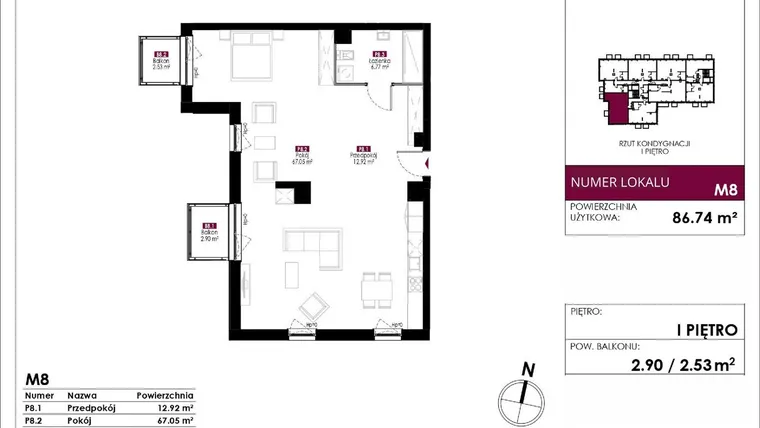 Rzut - Mieszkanie na sprzedaż 4 pokoje o powierzchni 86,74 m² - numer M8 w Słowackiego 78
