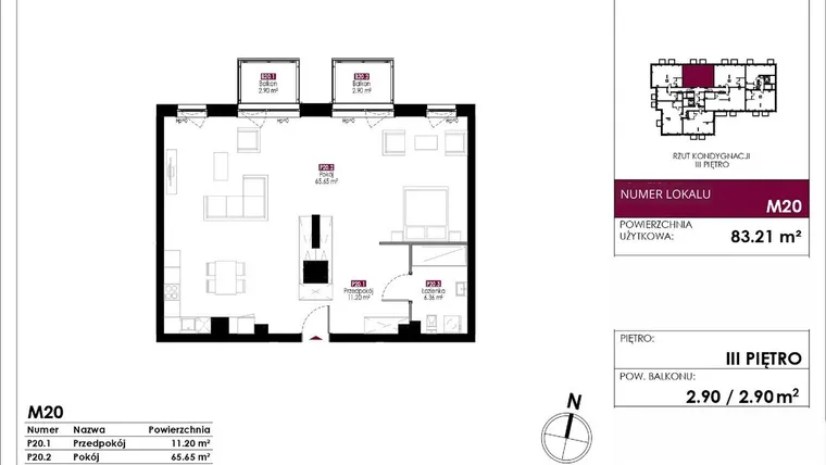 Rzut - Mieszkanie na sprzedaż 4 pokoje o powierzchni 83,21 m² - numer M20 w Słowackiego 78
