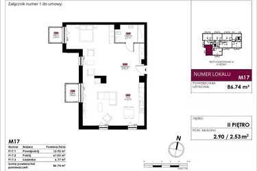 Rzut - Mieszkanie na sprzedaż 4 pokoje o powierzchni 86,74 m² - numer M17 w Słowackiego 78